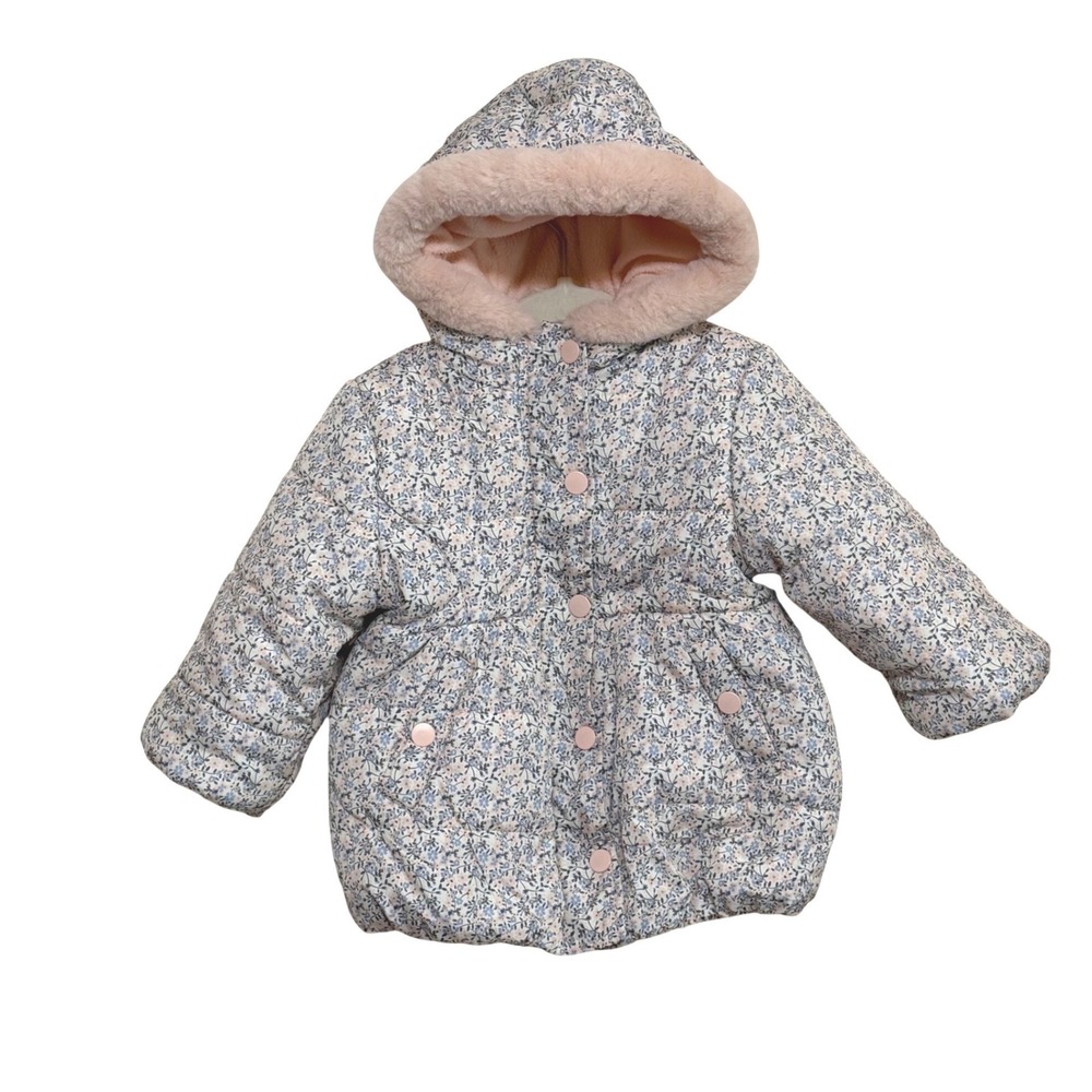 18M Floral Puffer Jacket Faux Fur Hood Fleece Lined Pink Blue Coat Kensie Girl